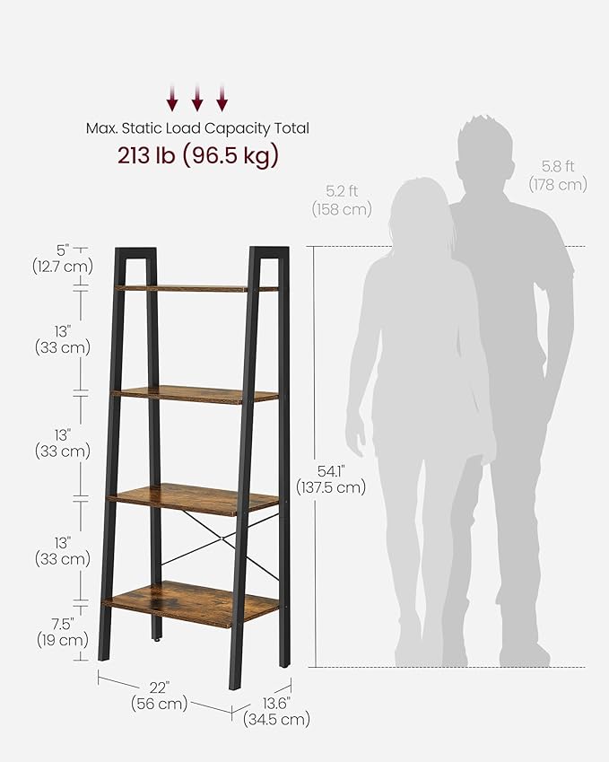 VASAGLE Ladder Shelf, 4-Tier Bookshelf, Storage Rack, Bookcase with Steel Frame, for Living Room, Home Office, Kitchen, Bedroom, Industrial Style, Rustic Brown and Ink Black ULLS44X