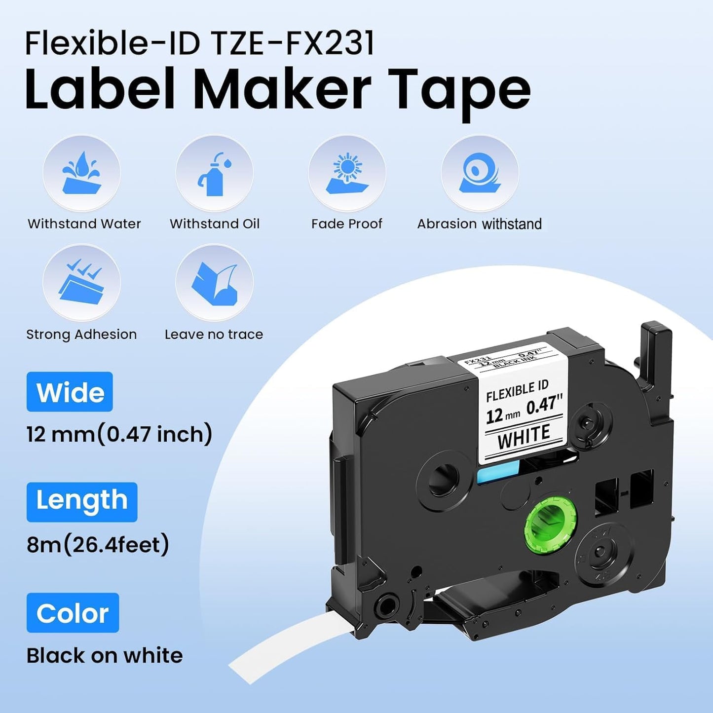 TZe-FX231 Flexible ID Laminated Cable Wire Labels 12mm 0.47 Laminated White Compatible with Brother P-Touch for Wire Wrapping and Flagging, 26.2FT/8M for PT-D210/D400/D600/H110 Label Makers