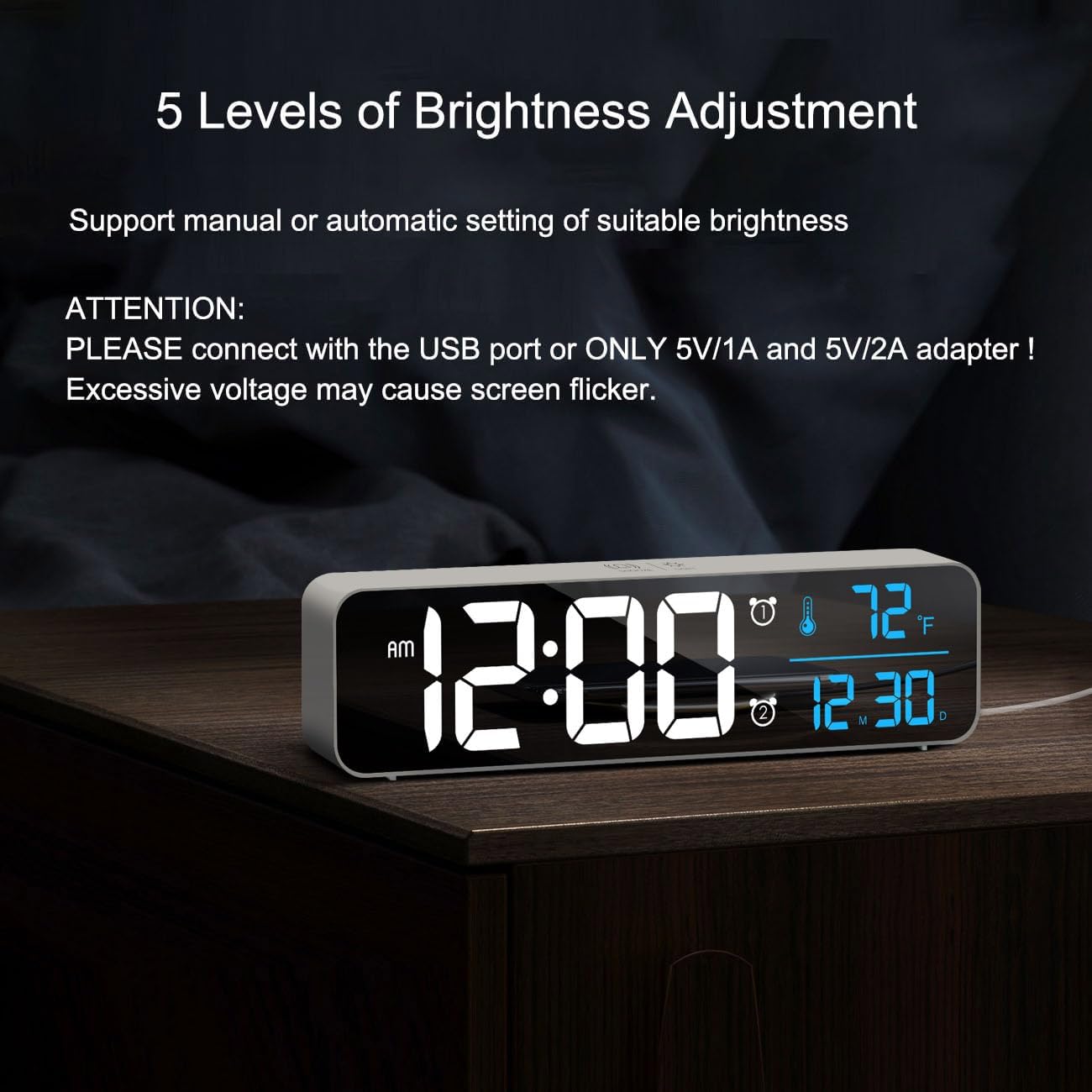 Digital Clock, Clock for Bedroom, Clocks for Living Room Decor, Desk Table Clock, Alarm Clock Large Display with Date Week Temperature, Automatic Brightness Dimmer, Smart Cool Modern (White Blue)