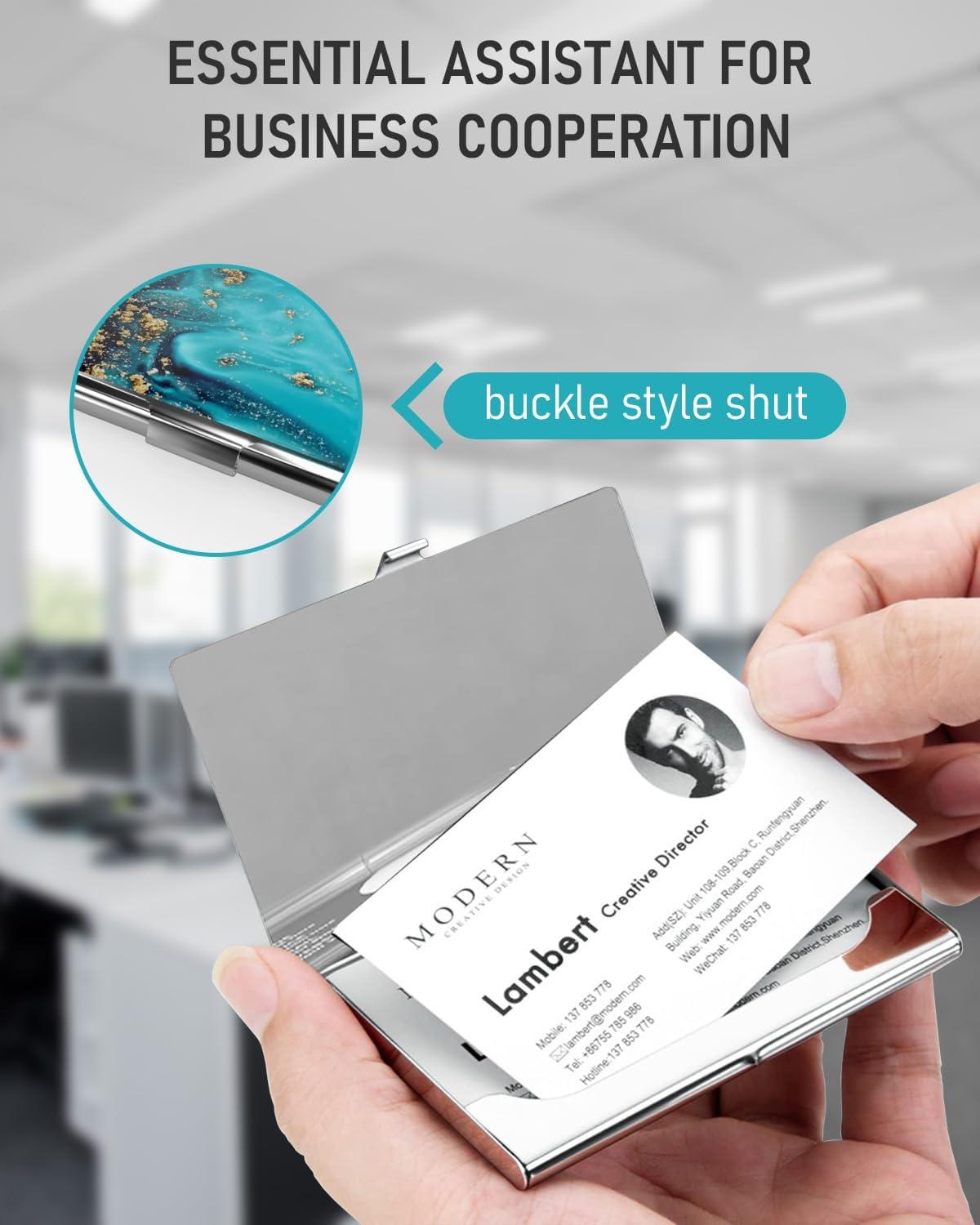 Business Card Metal Slim Organizer, Professional Stainless Steel Square Pocket Wallet for Office Workers, Compact and Portable for Pockets (Blue Gold Marble)