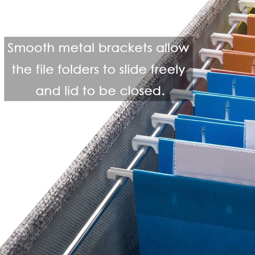 PRANDOM File Organizer Box - Set of 2 Collapsible Decorative Linen Filing Storage Hanging File Folders with Lids Office Cabinet Letter Size Grey (14x9.3x10.8 inch)