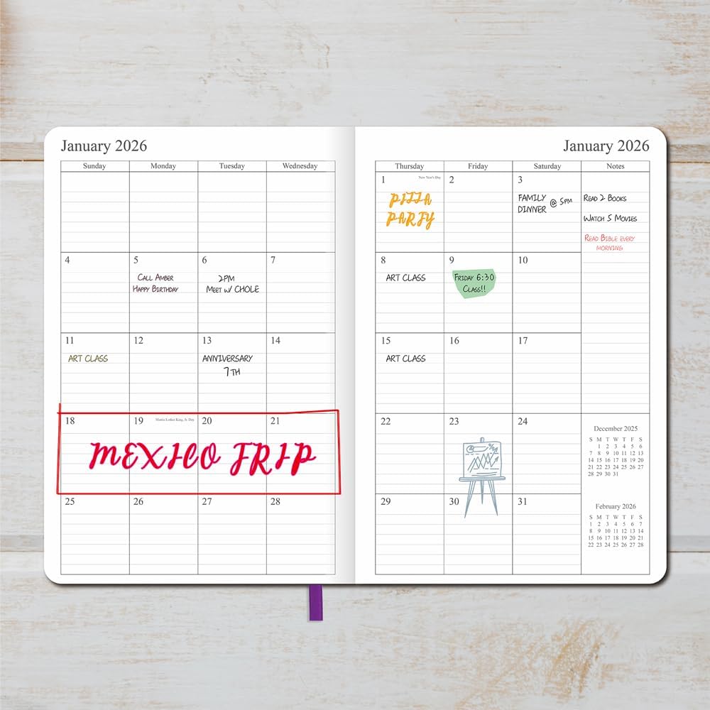2025-2026 Planner - Weekly and Monthly Planner, Oct 2025 - Dec 2026, Contacts and Notes Pages, Vegan Leather Cover, Elastic Closure, 5.5”x8.25”, Purple