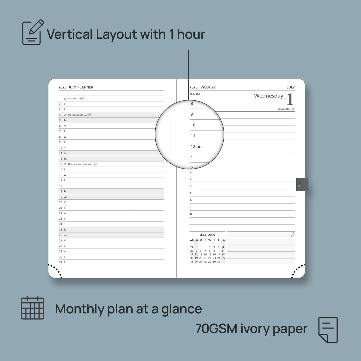 POPRUN 2026 Daily Planner One Page Per Day A6 Size Calendar (4.25" x 6.25") - 12 Months Hourly Appointment Book with Hardcover, Monthly Tabs, Pocket, Pen Holder - Haze Blue