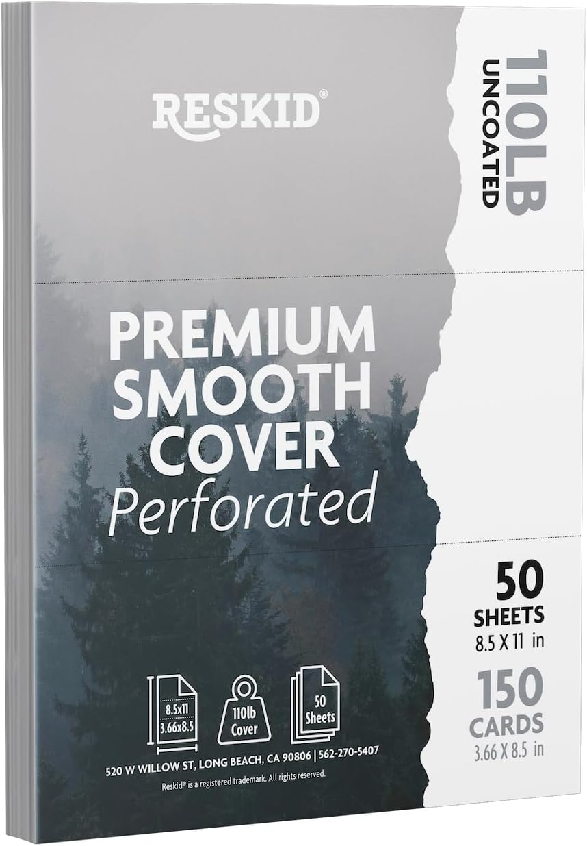 50-Sheet Pack Of 110lb White Cardstock Thick Perforated Paper, 8.5x11 With 3 Per Page - 3.66x8.5 - Blank Heavy Weight Cover Card Stock - 50 Sheets With 150 Cards (3up - 3.66x8.5)