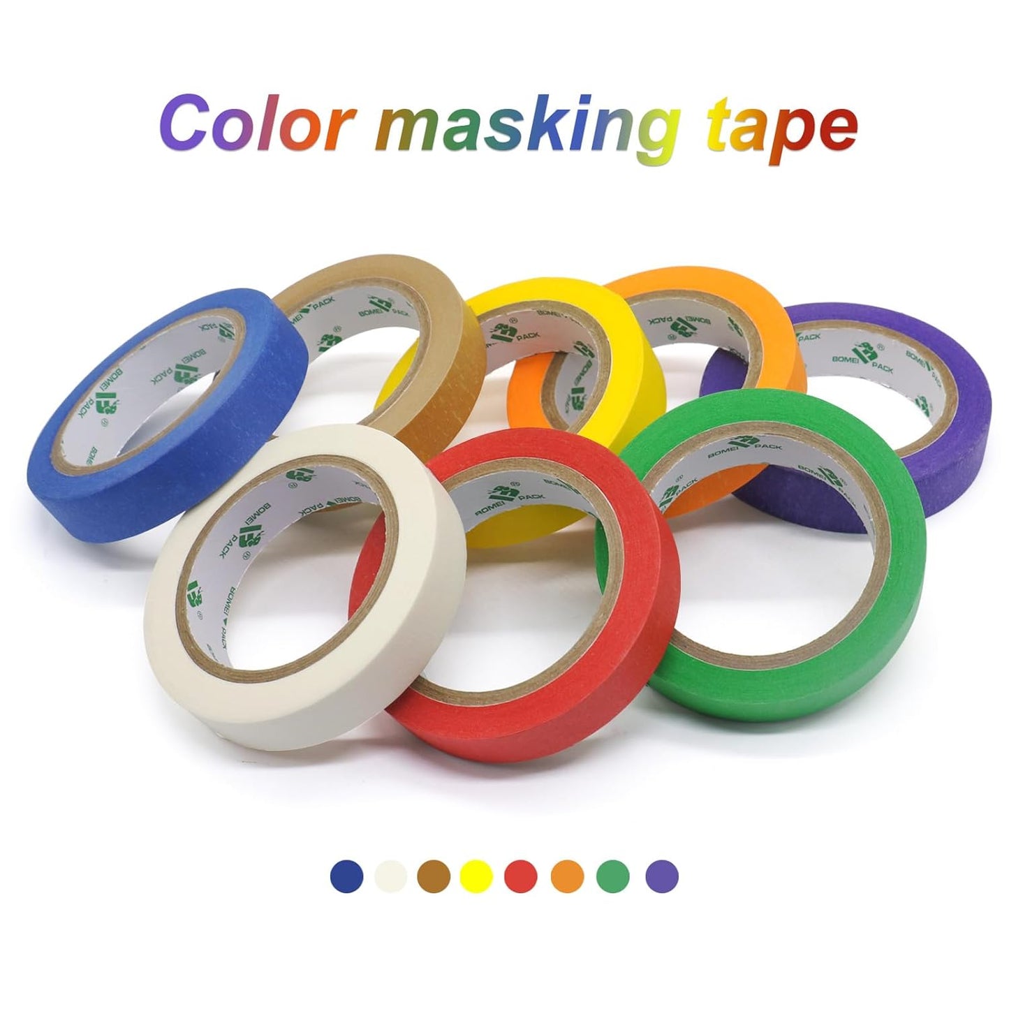 BOMEI PACK 8 Rolls Rainbow Colored Masking Tape, 1inch x 180ft Each roll Craft Painter Tape for Arts,Craft,Labeling Colorful