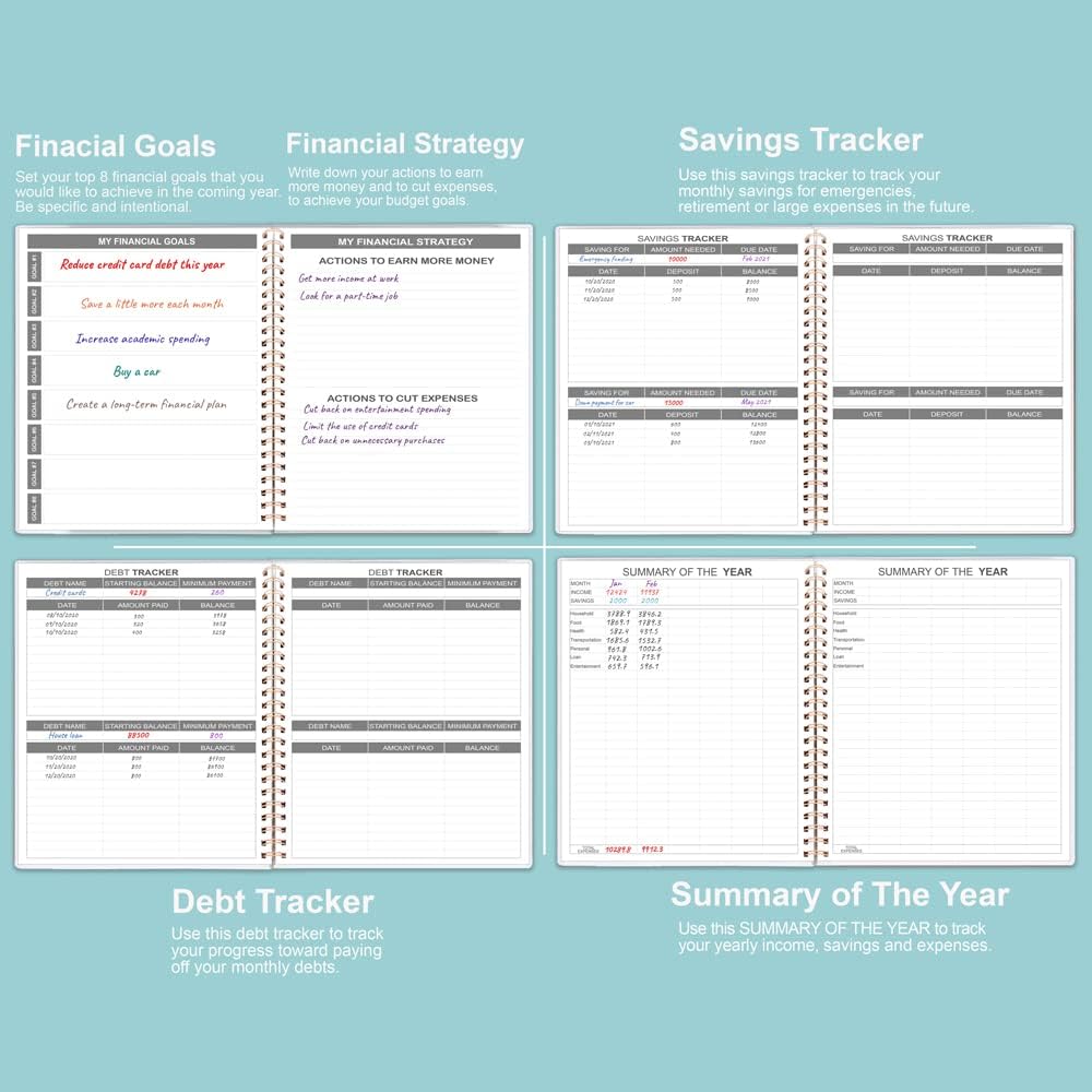 Budget Planner & Monthly Bill Organizer with Pockets. Expense Tracker Notebook, Budgeting Journal and Financial Planner Budget Book to Control Your Money, PP Cover, 8" x 9.5" – Teal Watercolor