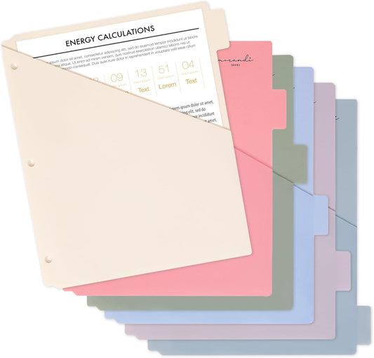 H4D 6-Tab Dividers for 3 Ring Binder, Plastic Dividers with Two Pockets, Letter Size, Morandi Colors, 1 Set