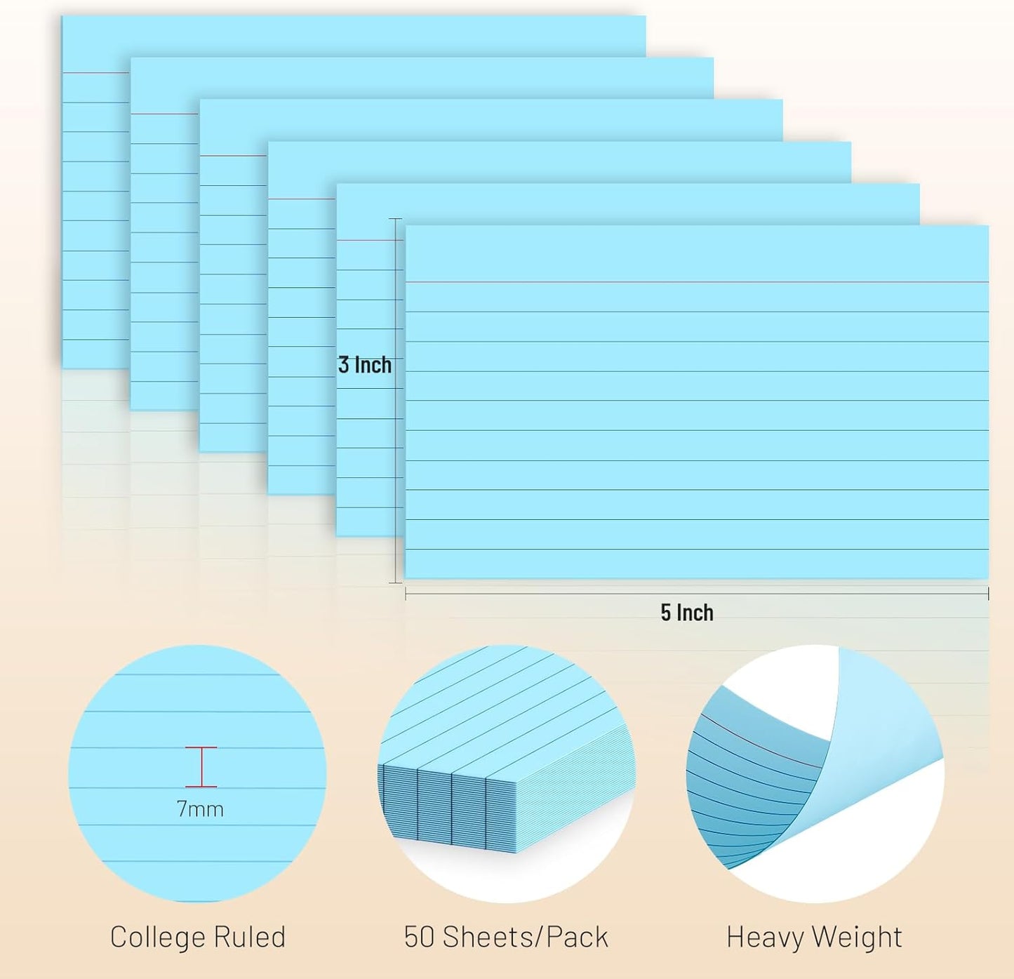 300 Count Index Cards 3 x 5 Inch Ruled Blue Index Cards, Flash Cards College Ruled for School, College, Office and Home Organization, Durable Study To Do List Note Cards with Ruled Lines