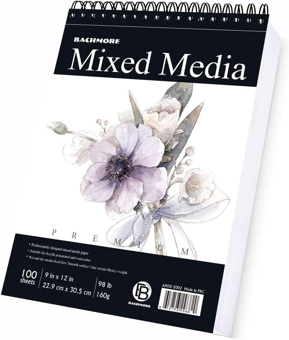 Bachmore Sketchpad 100 Sheet, Watercolor, Acrylic Art Pad for Sketching, Ink Sketch Book, Coloring Notebook - 98 Ib/160 g/m2 in Multi-Media Spiral Notebook, Drawing Paper, Drawing Pad (9'' X 12'')