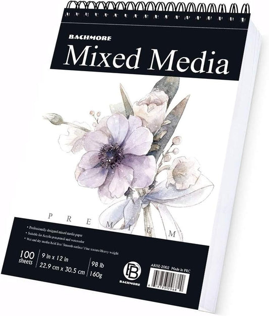 Bachmore Sketchpad 100 Sheet, Watercolor, Acrylic Art Pad for Sketching, Ink Sketch Book, Coloring Notebook - 98 Ib/160 g/m2 in Multi-Media Spiral Notebook, Drawing Paper, Drawing Pad (9'' X 12'')