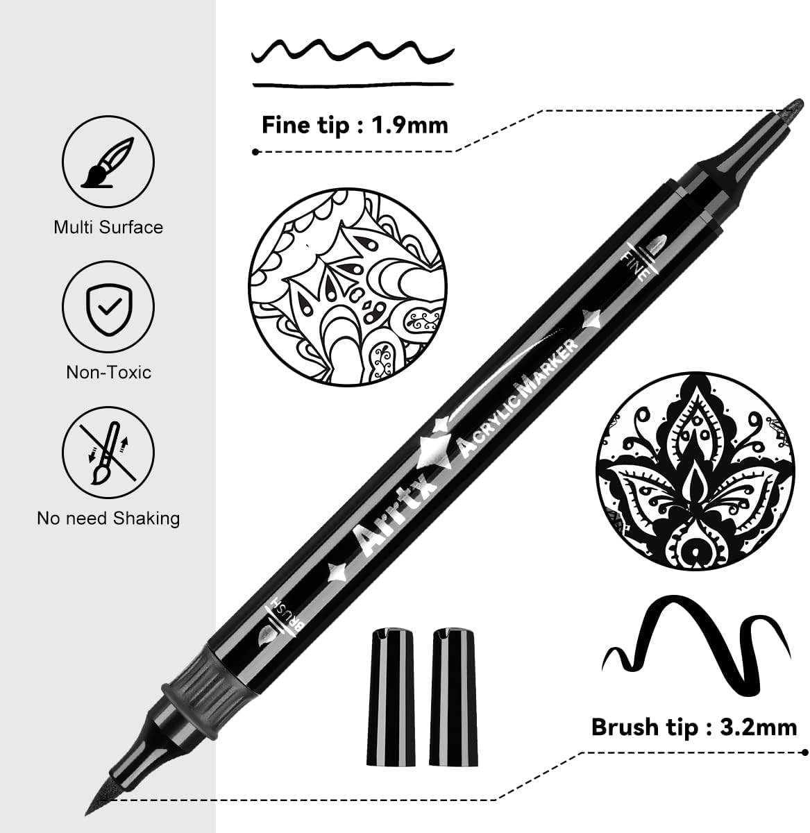 Arrtx Black Acrylic Paint Pens - 8 Pack Brush Tip and Fine Tip (Dual Tip) Black Paint Markers for Rock Painting, Water Based Acrylic Painting Supplies for Drawing, Wood, Canvas, Easter Egg