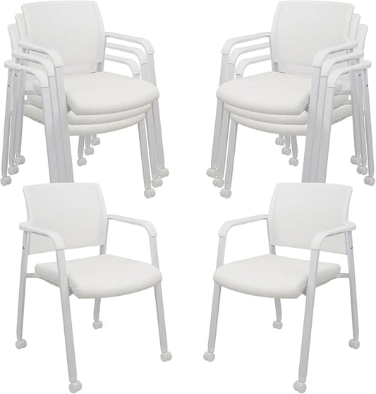 CLATINA Stacking Office Chairs with Wheels | Mesh Back, Thicken Leather Seat and Streamline Armrests, Ergonomic Lumber Support | School, Desk, Guest Reception, Waiting, Conference | Set of 8, White