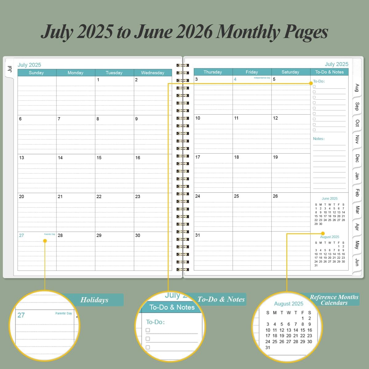 2025-2026 Planner - Weekly & Monthly Planner Spiral Bound from July 2025 - June 2026 with Monthly Tabs, Inner Pocke, 8.5" x 11", Teal