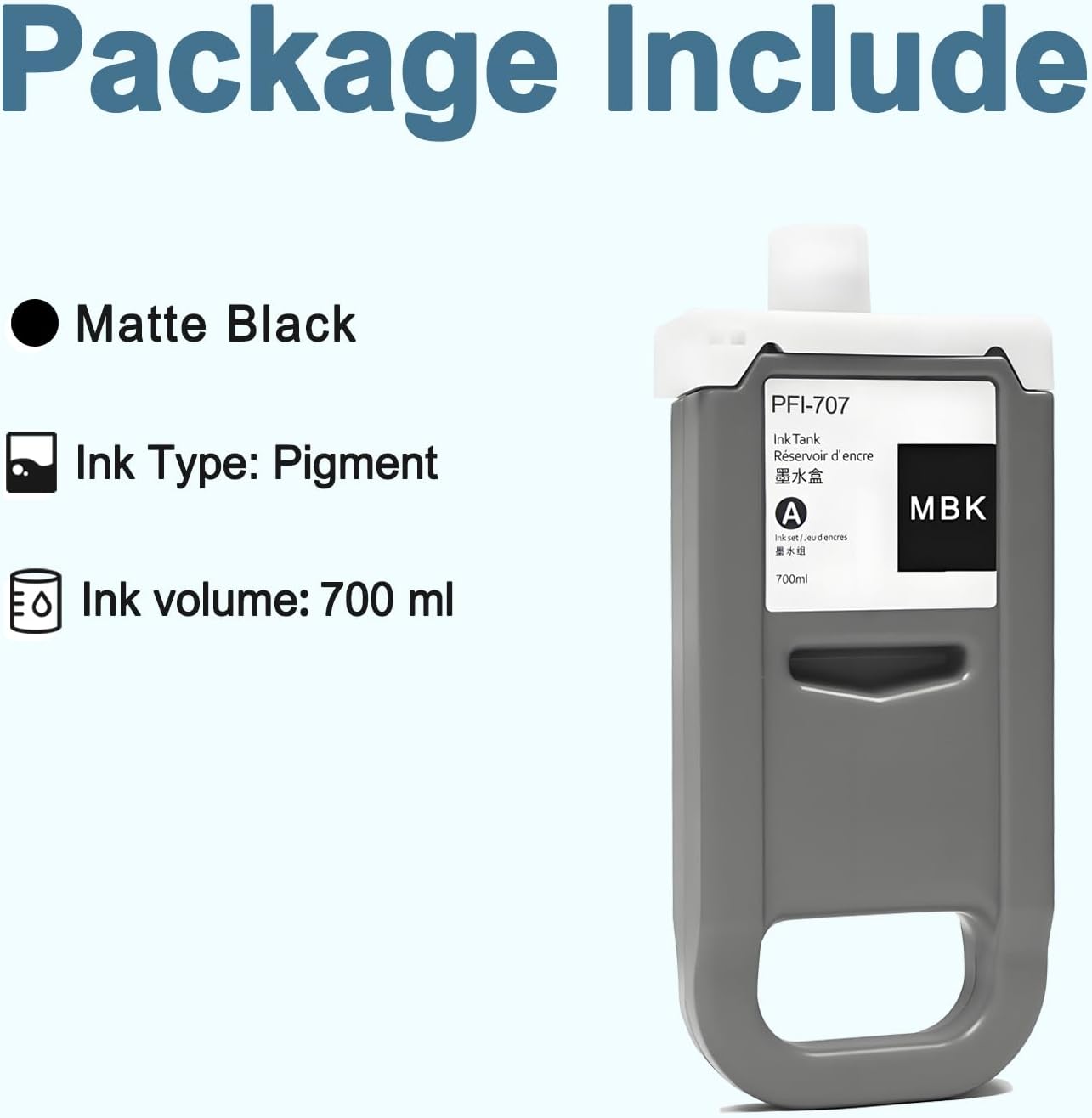 PFI-707 Ink Cartridge PFI707 Ink Tank Compatible with Canon imagePROGRAF PF830, iPF840, iPF850 CAD Plotters 700 ML (1-Pack, Matte Black)