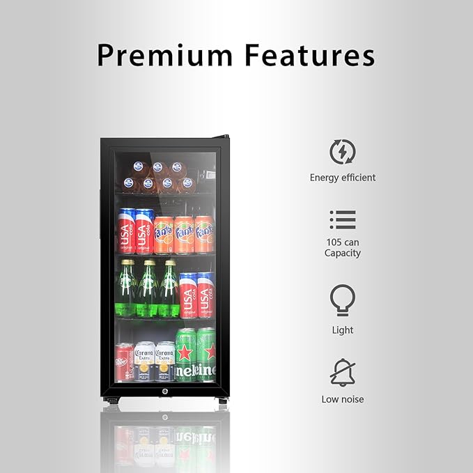 Beverage Refrigerator, 3.2 Cu. Ft, Mini Fridge with Glass Door for Soda Beer, Freestanding Beverage Cooler for Office, Bar, Adjustable Shelving&Adjustable Foot