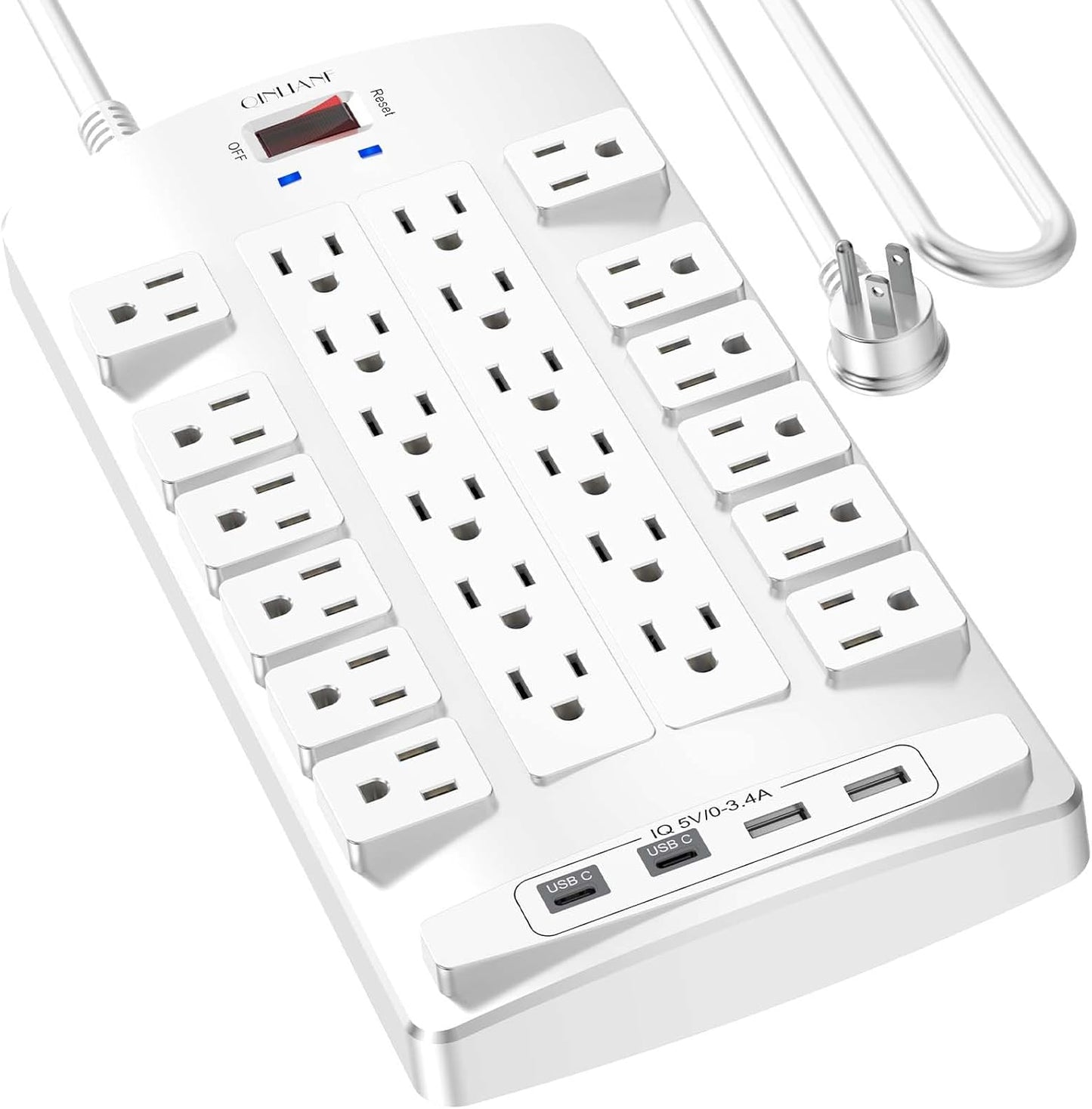QINLIANF Surge Protector Power Strip - 10Ft Flat Plug Heavy Duty Extension Cord with 24 Outlets and 4 USB Ports(2 USB-C Ports), 1875W/15A, 4100J, for Home, Office, Dorm, ETL Listed, White