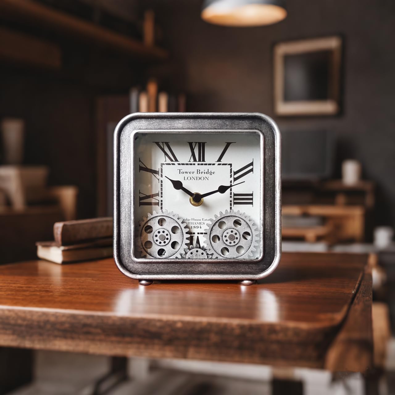 Desk Clock Vintage Metal Table Clocks with Moving Gears, Silent Retro Industrial Steampunk Quartz Small 6 inch End Table Clock for Home Office Living Room Decor Battery Operated