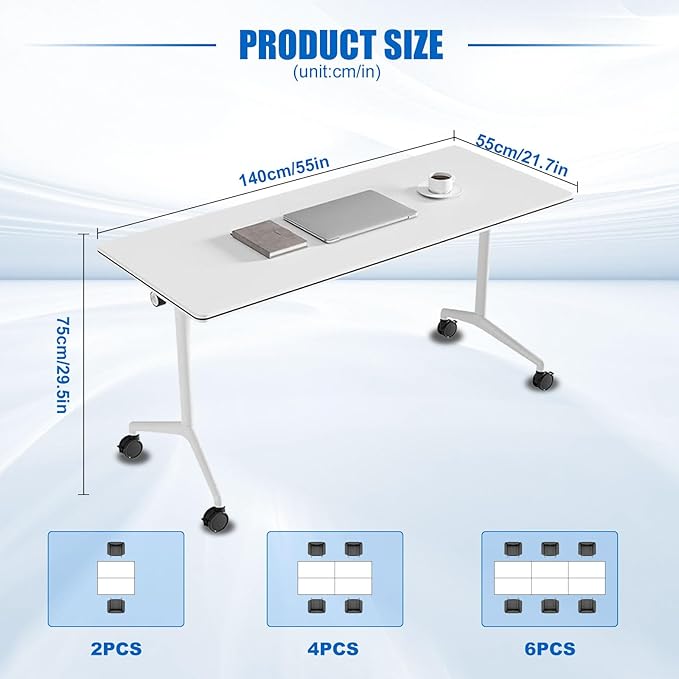 Conference Table, Folding Conference Desk Modern White, Seminar Table with Wheels, 2-10 People for Office, Meeting Break Room (6, 1915, 55IN)