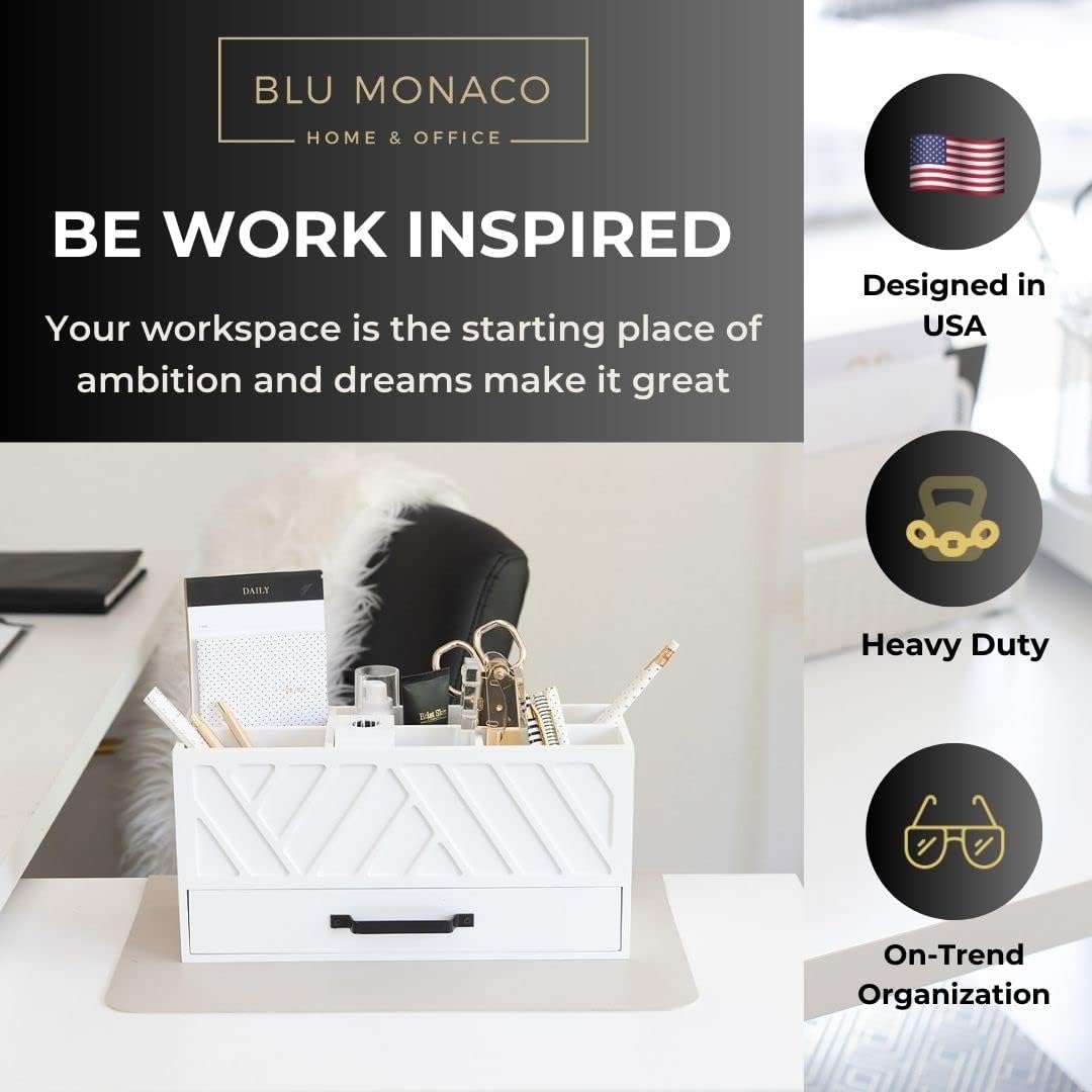 BLU MONACO Stylish White Wooden Pen Holder for Desk: Keep Pens, Markers, and More Organized. With 6 Storage Compartments and a Drawer. Pencil Holder, Marker Storage, and Desk Organizers