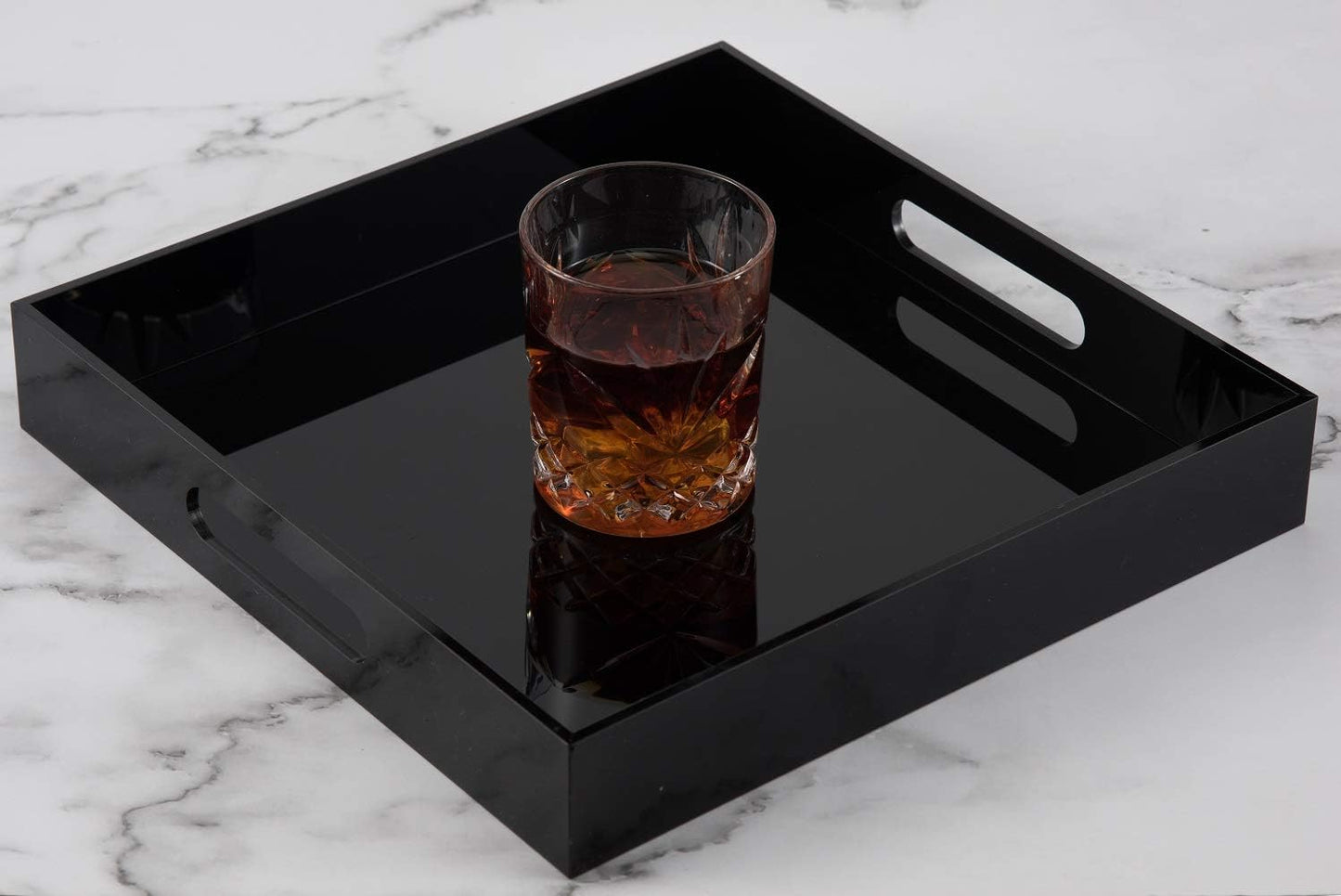Glossy Black Sturdy Acrylic Serving Tray with Handles-10x10Inch-Serving Coffee,Food,Breakfast,Butler-Kitchen Countertop Tray-Makeup Drawer Organizer-Vanity Table,Ottoman Tray-Decorative Tray