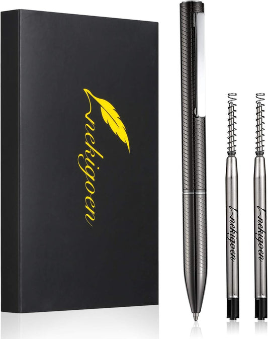 Ballpoint Pen with Gift Box for Men Women,Luxury Stainless Steel Retractable Pen Executive Home Office Use, and 2 Extra Refills Black Ink 1.0mm B2 (Dark Gray)