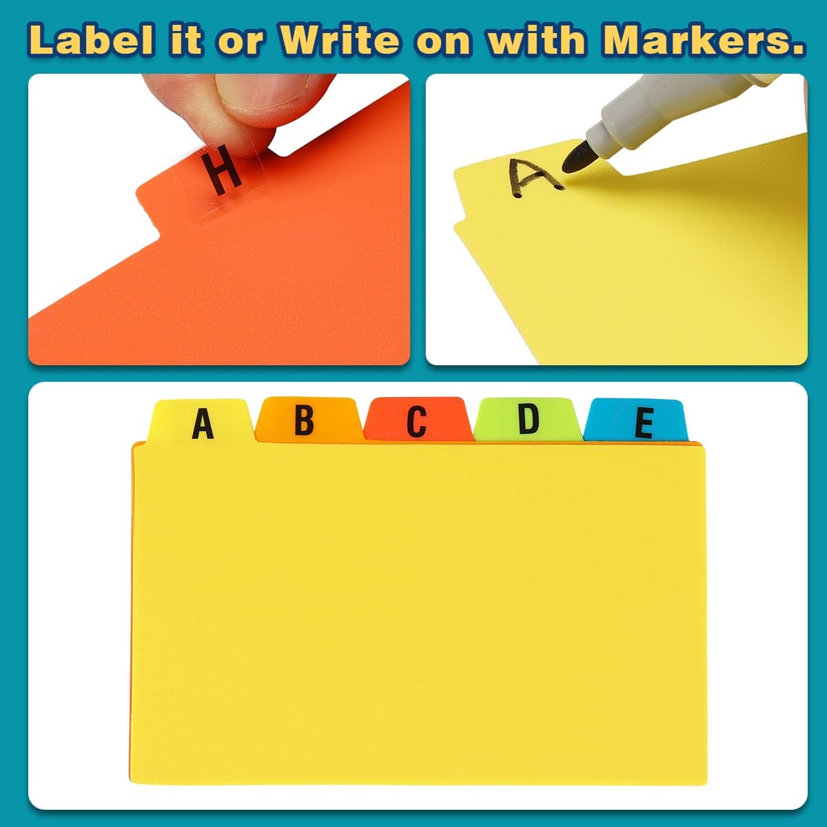 Chell 4x6 Plastic Index Card Dividers, Heavyweight Poly Index Card Guides A-Z for Flash Cards and Recipe Cards, with Alphabetical/Blank Stickers, Pack of 50