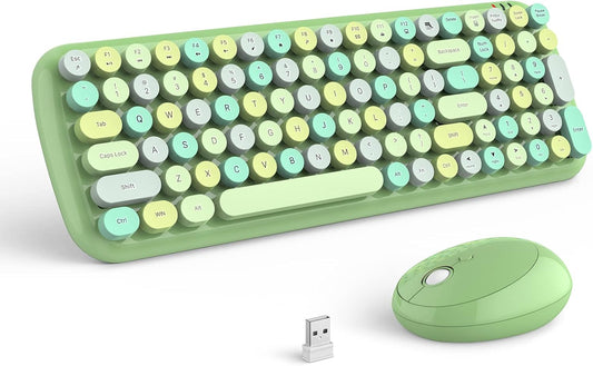 MOFII Wireless Keyboard and Mouse Combo, 2.4GHz Retro Typewriter Keyboard and Cute Mouse for Computer PC Desktops Laptop Windows(Green Mix)