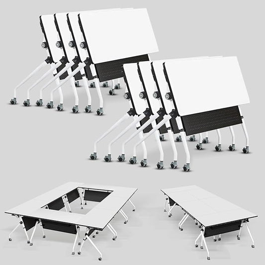 Conference Table, Folding Conference Room Tables, Mobile Training Tables with Silent Wheels, Large Rectangular Modular Seminar Table Office Computer Desks for Classroom White (8Pack L55.1in)
