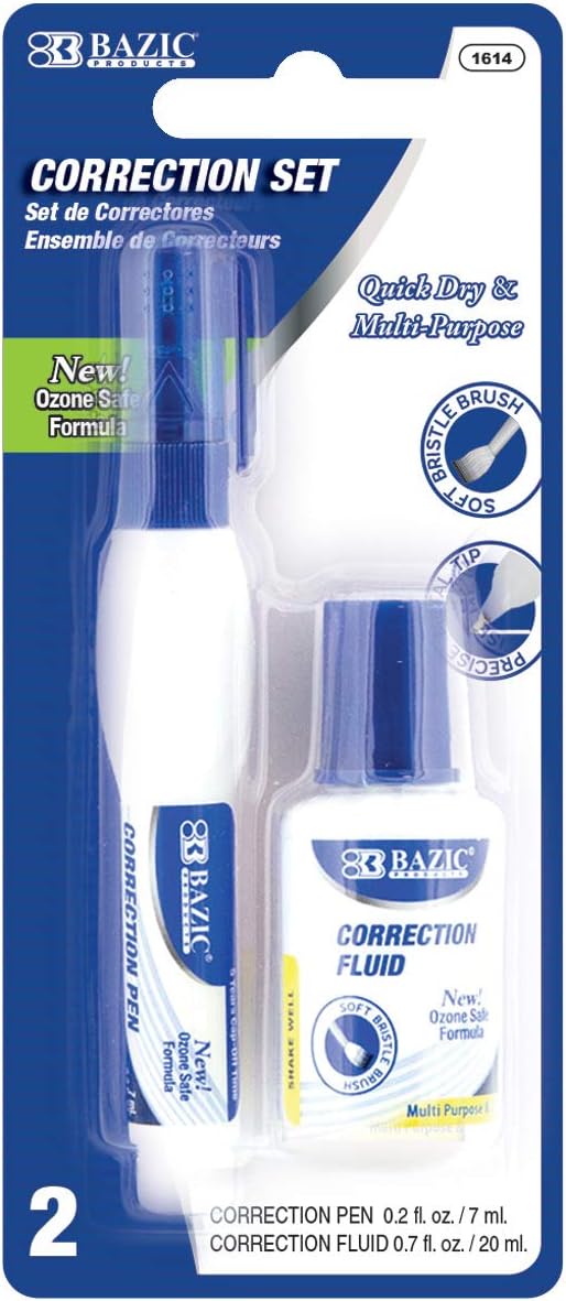 BAZIC Metal Tip Correction Pen & Correction Fluid (2/Pack)
