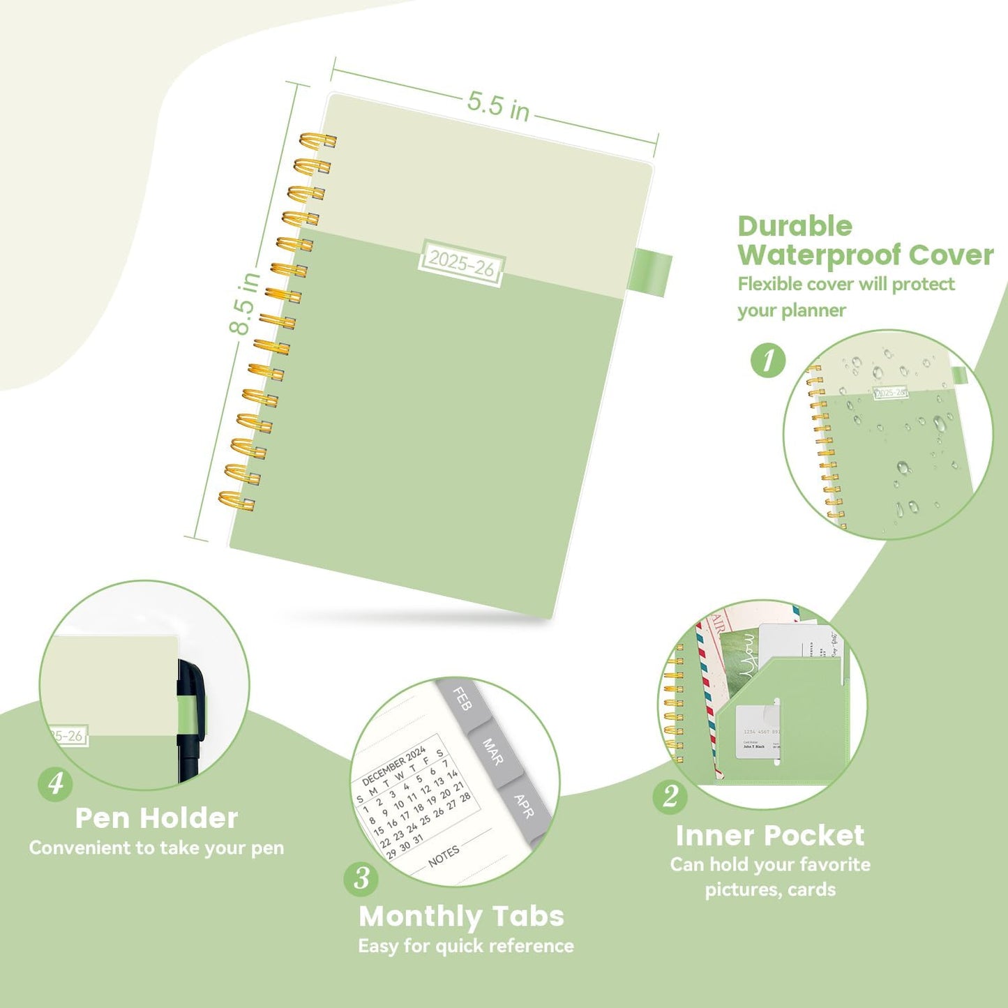 2025-2026 Planner, Weekly and Monthly Planners for Women, AIMPEAK Academic Calendar Planners for Teacher&Student, Jul.2025 - Jun.2026, Monthly Tabs, Spiral Binding, Green, 5.5"x8.5"