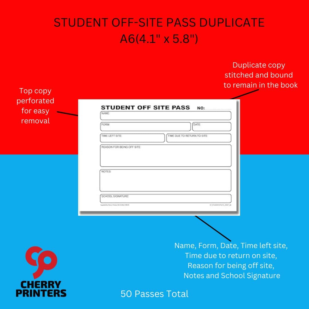 Cherry | Carbonless NCR | School Student Off Site Pass | 2pt Book | A6 (4.1 x 5.8 Inches) | 50 Sets |