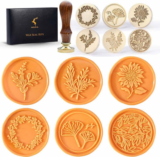 Wax Seal Stamp Set, 6 pcs Brass Head Wax Stamp & 1 Wooden Handle, 6 Botanical Designs (Rosemary, Sunflower, Ginkgo Leaf, Wreath, Leaves, Eucalyptus)
