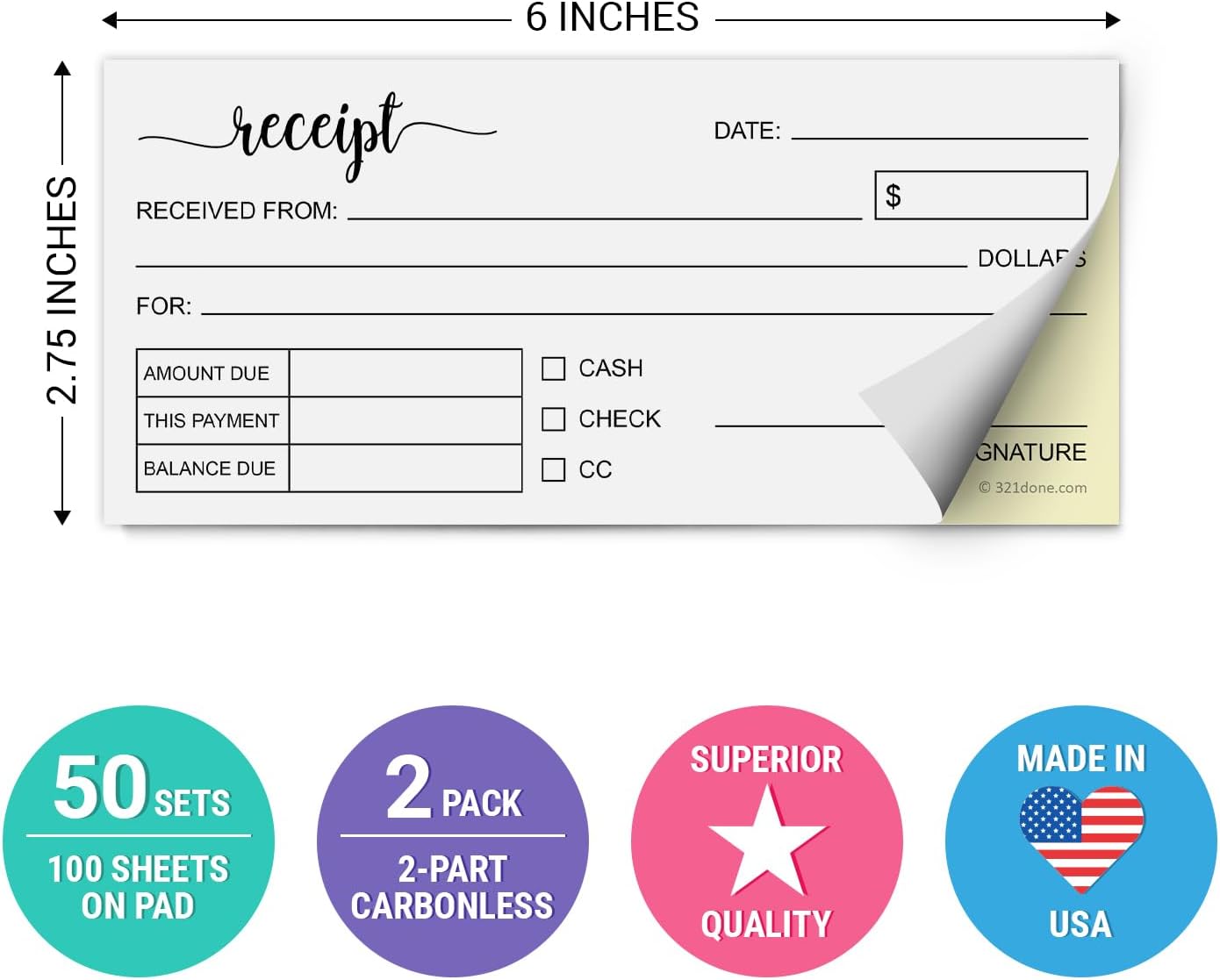 321Done Receipt Book 2-Pack, 2.75x6 Pocket Size 2-Part Carbonless, Made in USA, Cute Handheld Duplicate Copy Order Form for Craft Boutique Business (50 Sets) White/Yellow