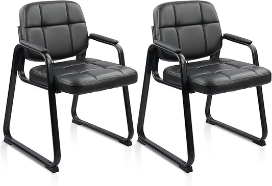 CLATINA Waiting Room Guest Chair with Bonded Leather Padded Arm Rest for Office Reception and Conference Desk Black with Sled Base 2 Pack