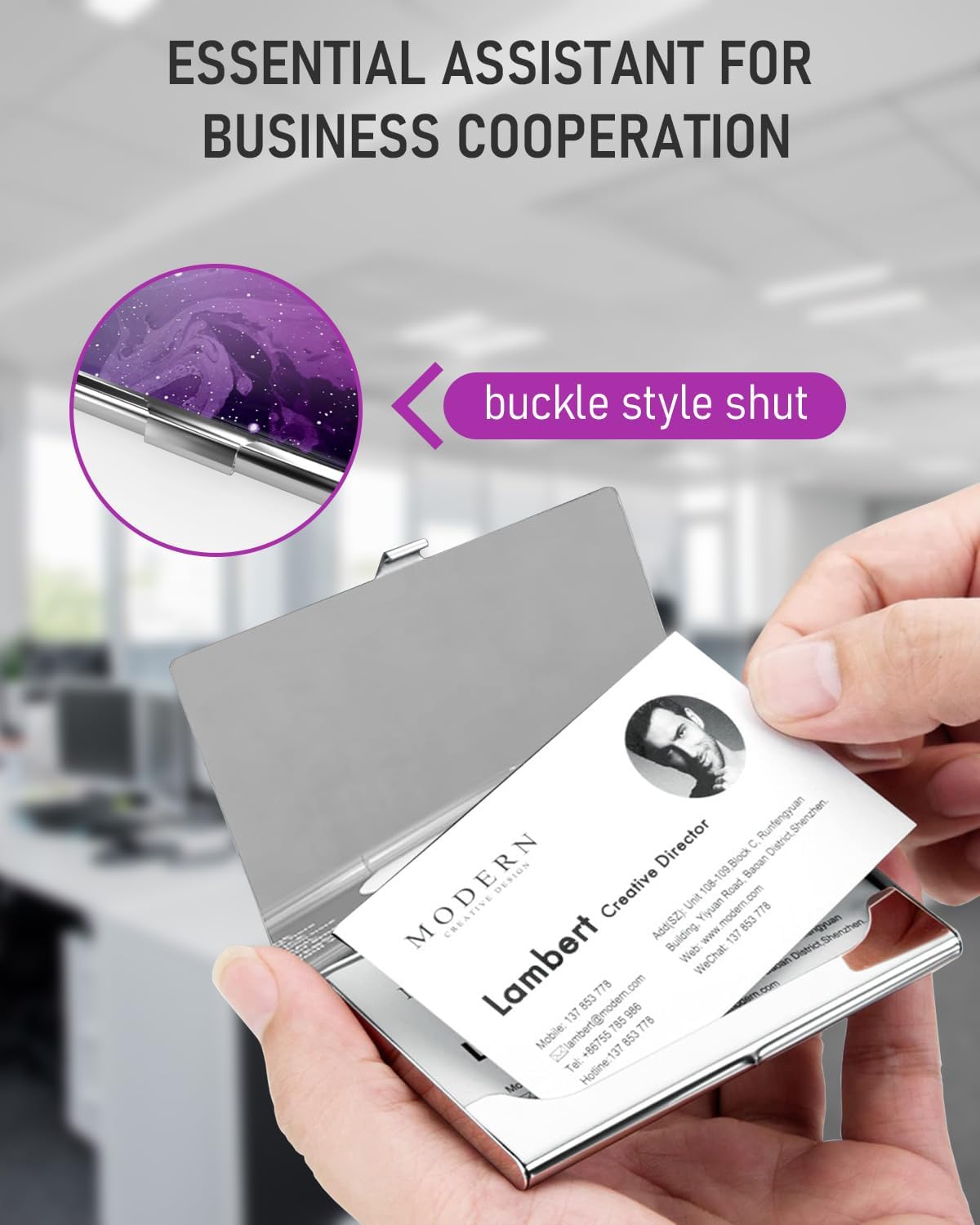 Business Card Metal Slim Organizer, Professional Stainless Steel Square Pocket Wallet for Office Workers, Compact and Portable for Pockets (Purple Starry Sky)