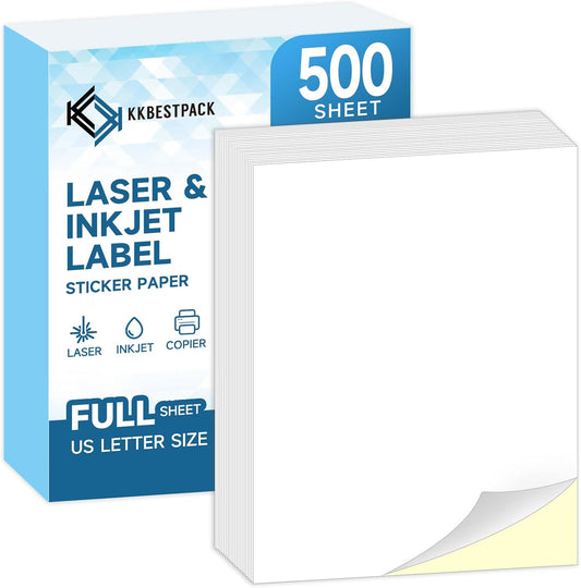 Full Sheets Sticker Paper – 500 Sheets, 8.5" x 11" Letter Size, for Inkjet & Laser Printers