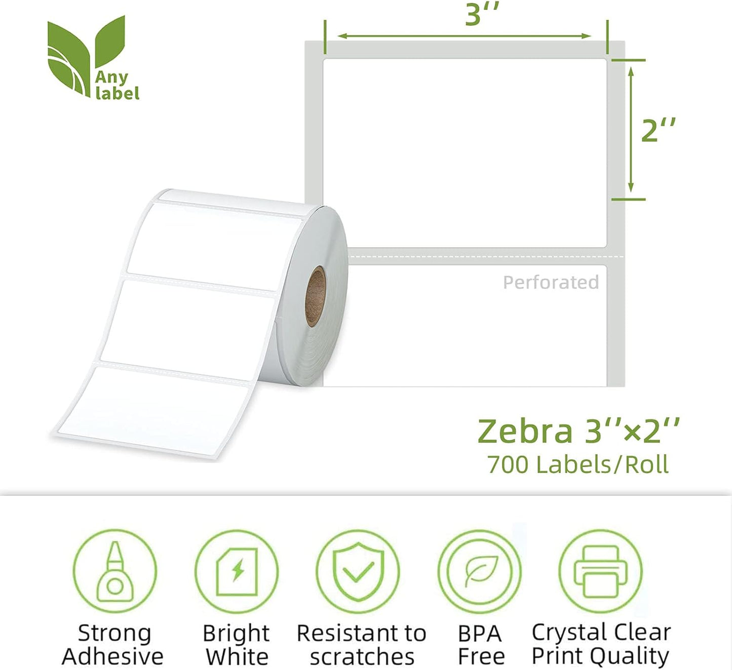Compatible 3" x 2" Direct Thermal Labels Replacement for Barcodes Postage Address Shipping Compatible with Rollo & Zebra Desktop Printers Adhesive & Perforated (12 Rolls, 700 Labels/Roll)