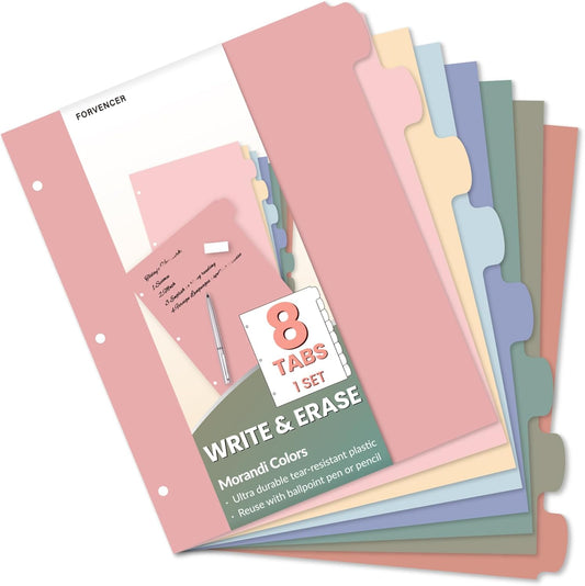 Forvencer 8-Tab Binder Dividers with Tabs, Big Tabs, Write&Erase Plastic Dividers for 3 Ring Binder, Binder Tabs for Organizers, 3 Ring Binder Dividers with Tabs for School Office (Muted, 1 Set)