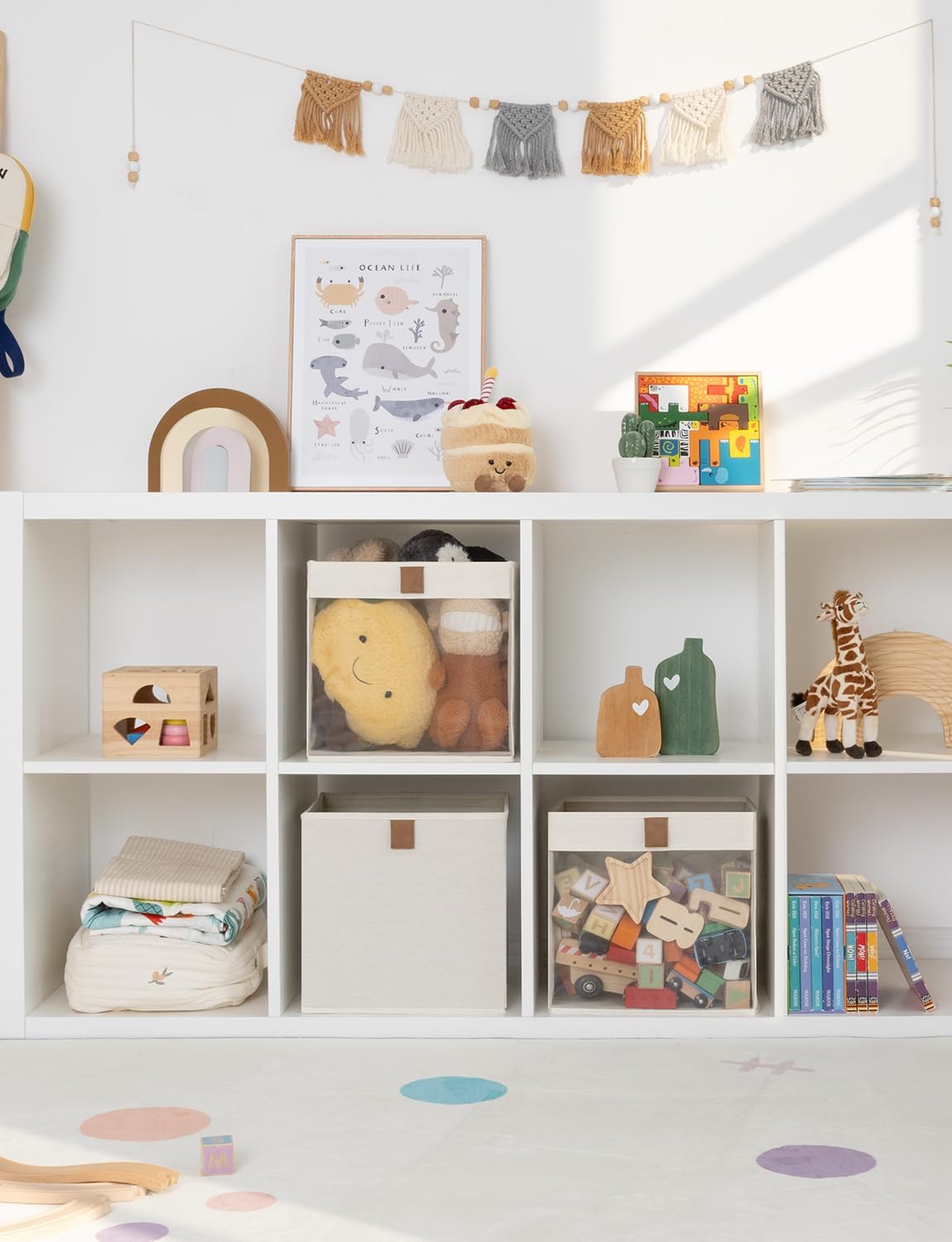 StorageWorks 11x11 Storage Cubes, Closet Storage Bins with Clear Window, Fabric Organizer for Clothes, Collapsible Storage Baskets with PU Handles, Beige, 3-Pack