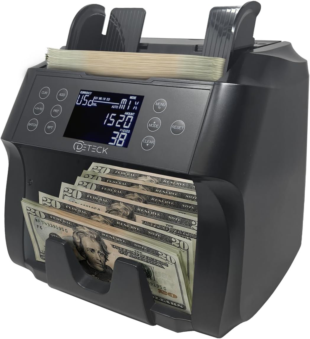 DETECK DT500 Mixed Denomination Money Counter, Multi Currency, Bill Counter 2CIS/UV/IR/MG/MT Counterfeit Detection, Cash Counter Serial Number, Printer Enabled