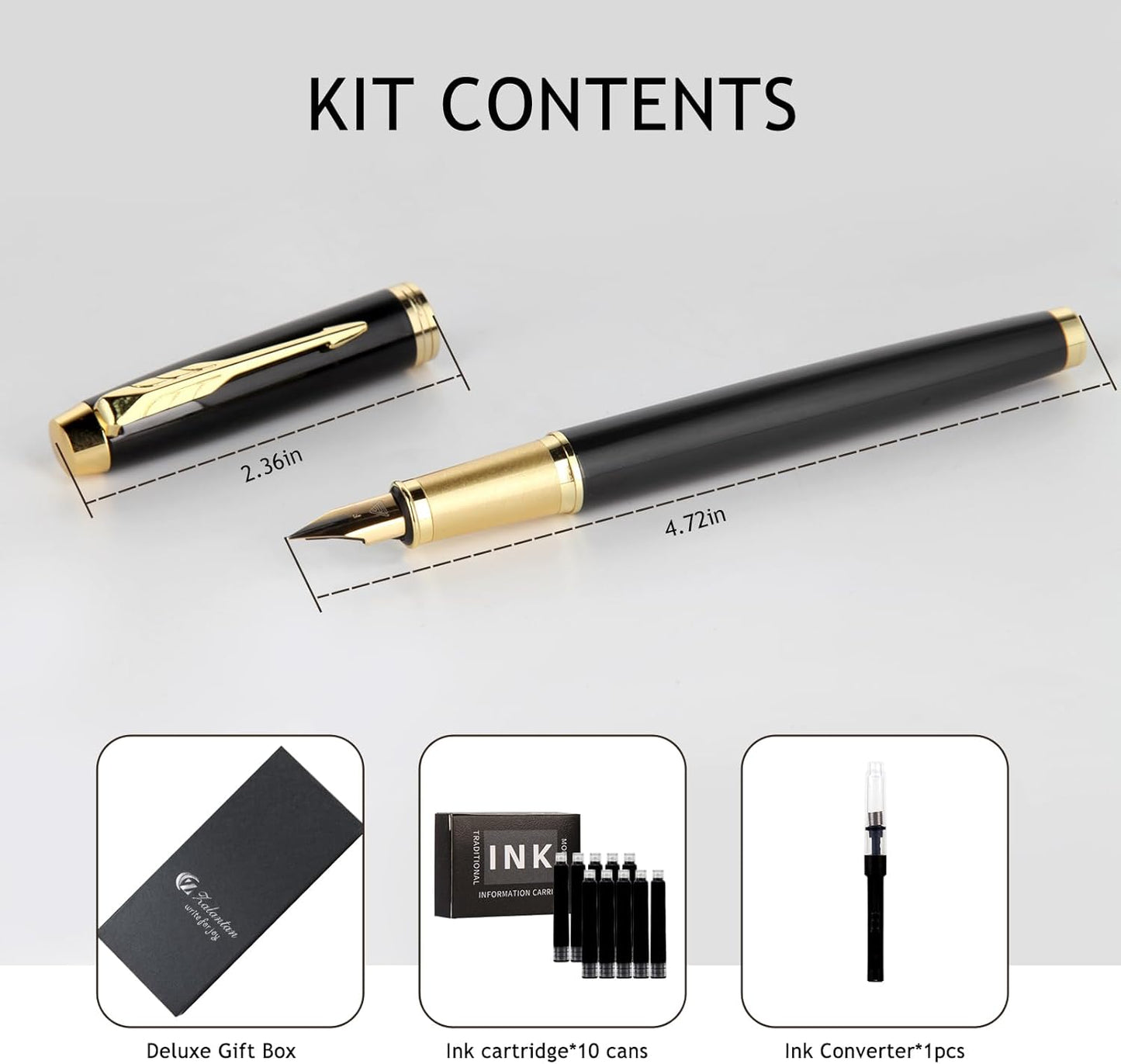 Fountain Pen,luxury pens Fine point smooth writing pens for journaling fancy pen with Gift Case 8 black ink cartridges an EF Nib an ink converte nice metal pen writer gifts（Black）