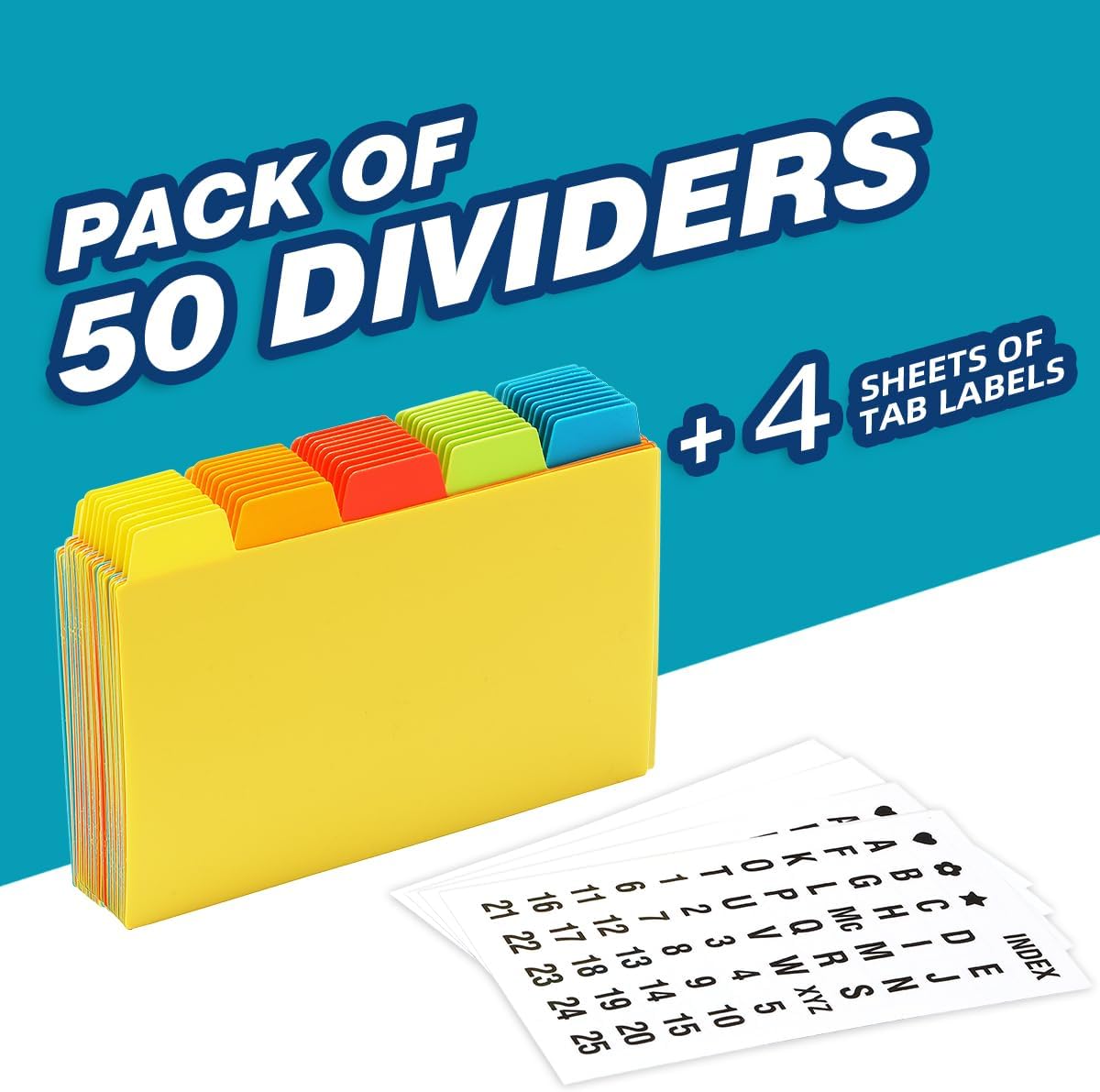 Chell 4x6 Plastic Index Card Dividers, Heavyweight Poly Index Card Guides A-Z for Flash Cards and Recipe Cards, with Alphabetical/Blank Stickers, Pack of 50
