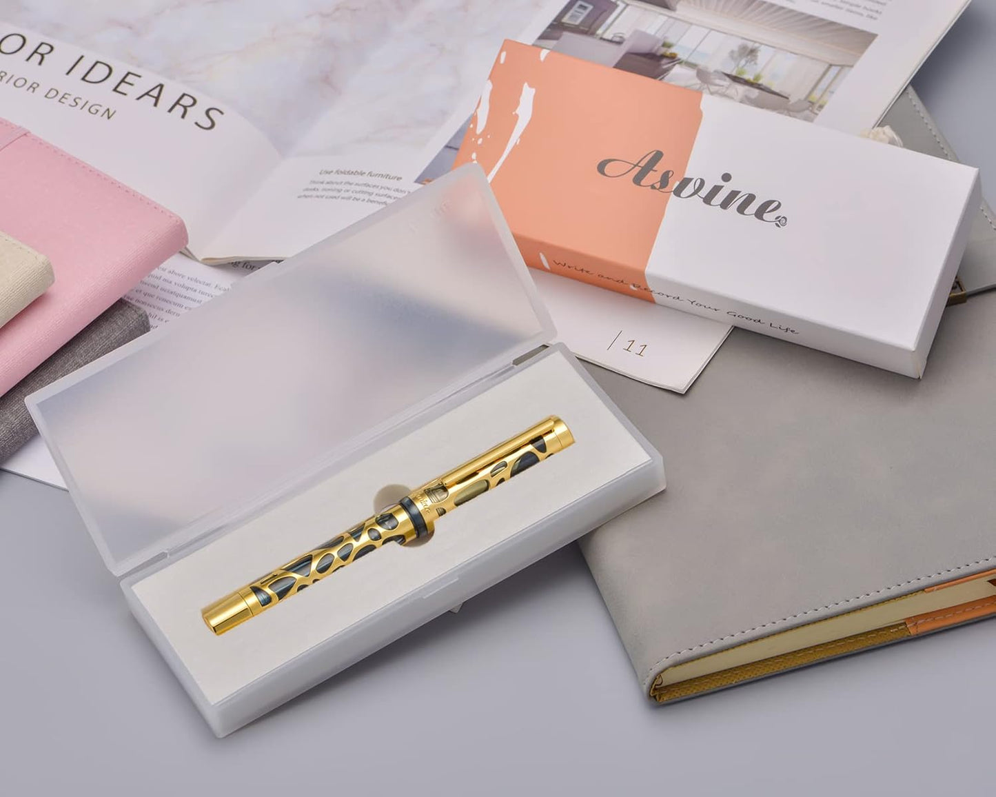 Asvine V169 Vacuum Filling Fountain Pen Fine Nib, Water Drop Skeleton Gold Trim Transparent Gray Blue Acrylic Pen Case Set