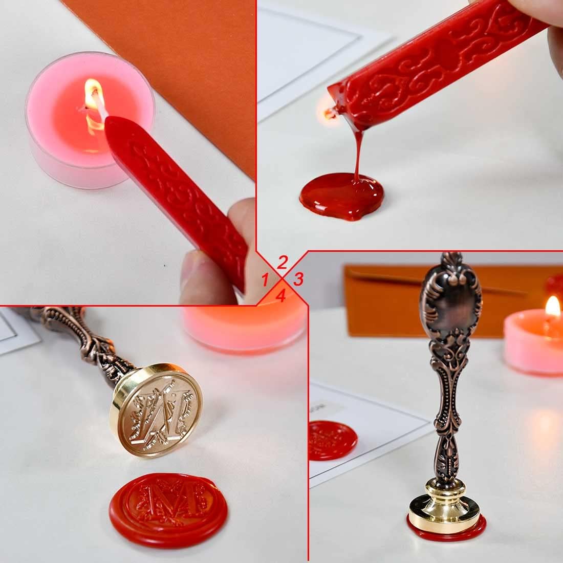 Wax Seal Stamp kit, Envelope Wax Seals DIY Kit - Retro Sealing Wax Candle + Classic Initial Alphabet Seal Wax Seal Stamp Letter M - in Blue Gift Box