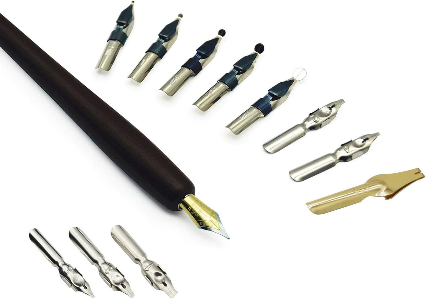 Calligraphy Pen Set – Includes Wooden Dip Pen, Antique Brass Holder, 11 Nibs, 7 Colors Ink Bottles and Beginner's Manual