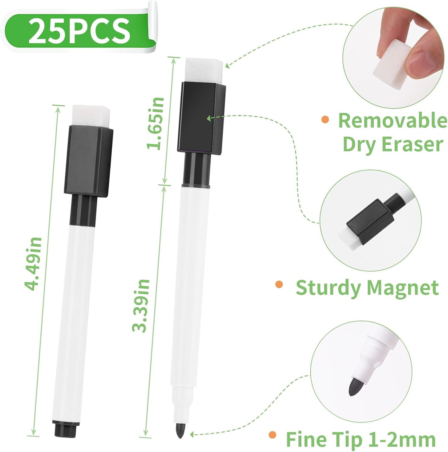 200 Pcs Black Magnetic Dry Erase Markers with Eraser Cap, White Board Mini Dry erase Markers Bulk, Fine Point Tip Student White Board Markers for Teachers Office School Supplies