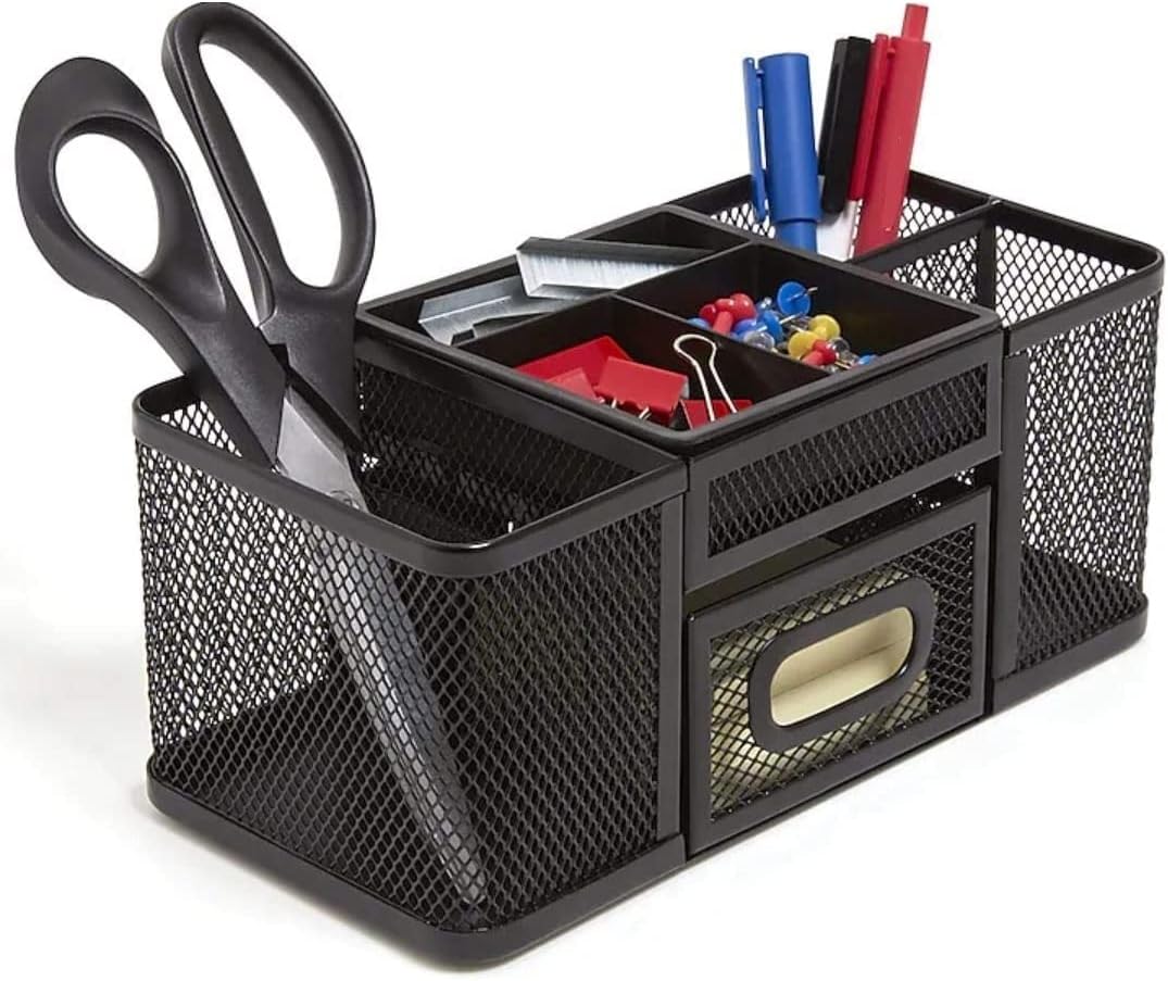 1InTheOffice Desk Supplies Organizer, Desk Caddy 7-Compartment Wire Mesh Accessory Holder, Matte Black