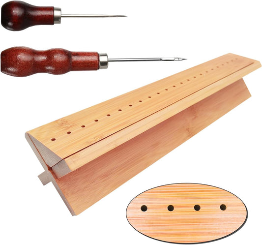 Bamboo Book Binding Cradle with 2 Awls Wood Bookbinding Punching Cradle with Piercing Guide Portable Book Binding Tools Book Binding Kits Bookbinding Supplies for Book DIY Crafts