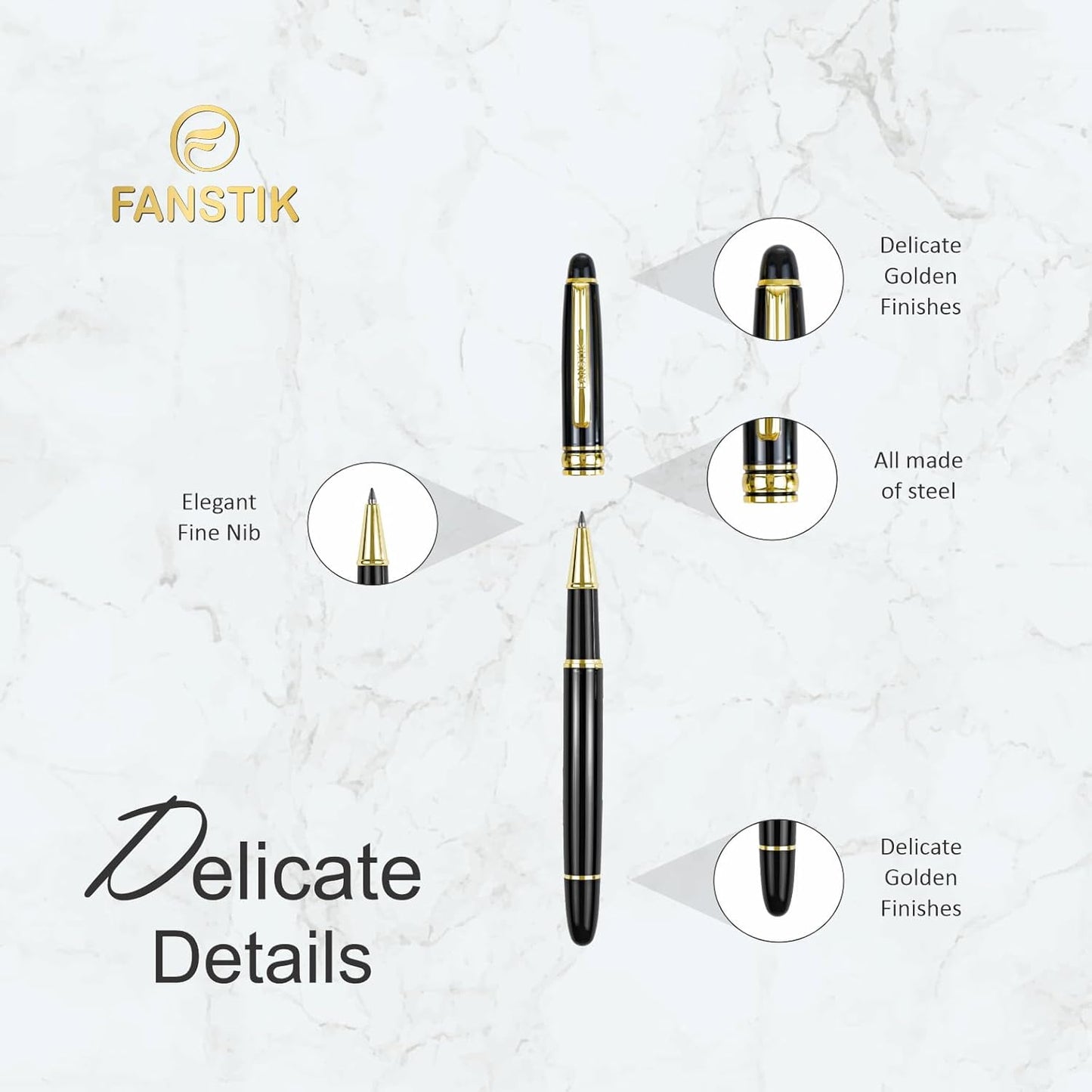 Customized RollerBall pen with name (MADE IN USA), stainless steel, black and gold, luxury engraved pen personalized for men and for women. (RollerBall Black-Gold)