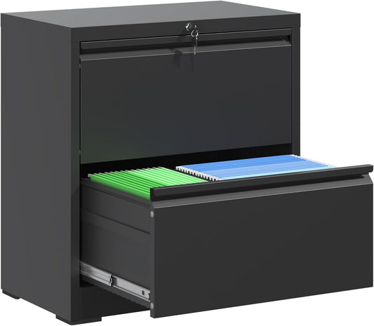 2 Drawer Lateral File Cabinet with Lock, 26.8" Wide Metal Filing Cabinets for Home Office, Steel Storage File Cabinet for Letter/Legal/F4/A4 Size with Hanging Bars, Assembly Required(Black)